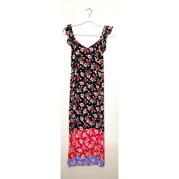 Express Off Shoulder Ruffle Sleeve Floral Midi Maxi Dress Leg Slits Red Black XS - Picture 3 of 7